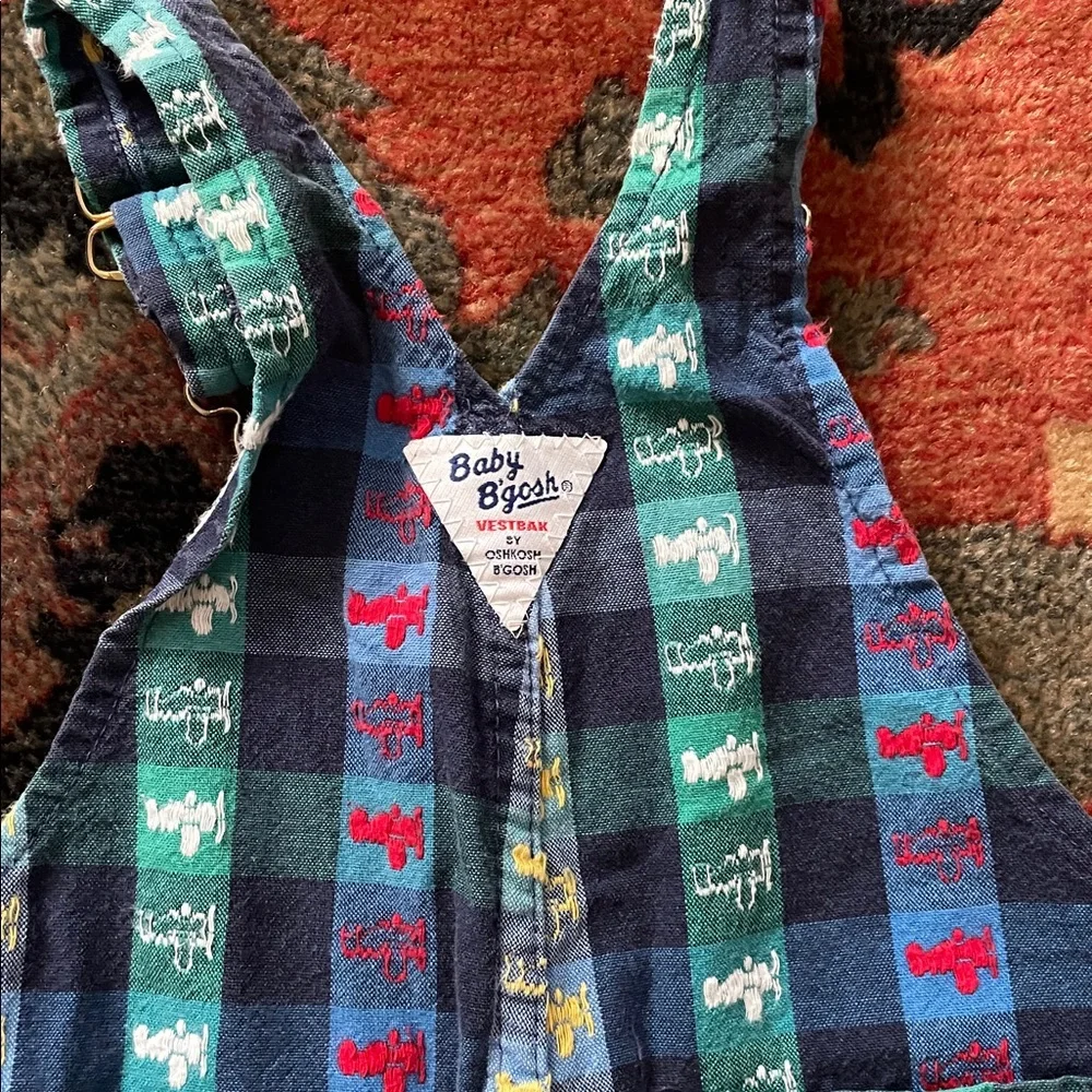 Vintage Baby OshKosh B'gosh Boys Retro Striped Plaid Airplane Overalls 24M
